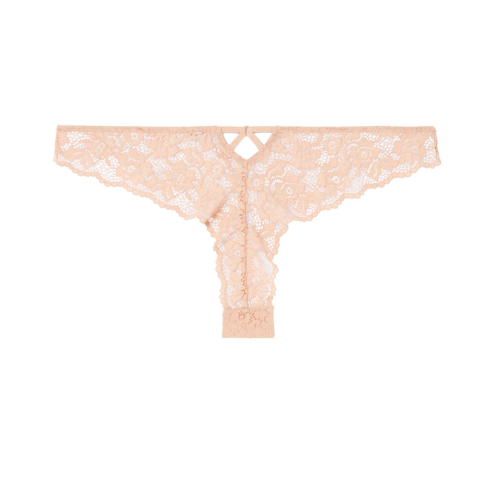 Tanga en dentelle fleurie - beige nude beige.