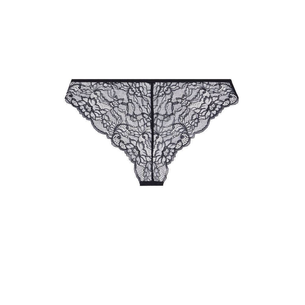 Tanga en micro et dentelle - noir et beige marron.