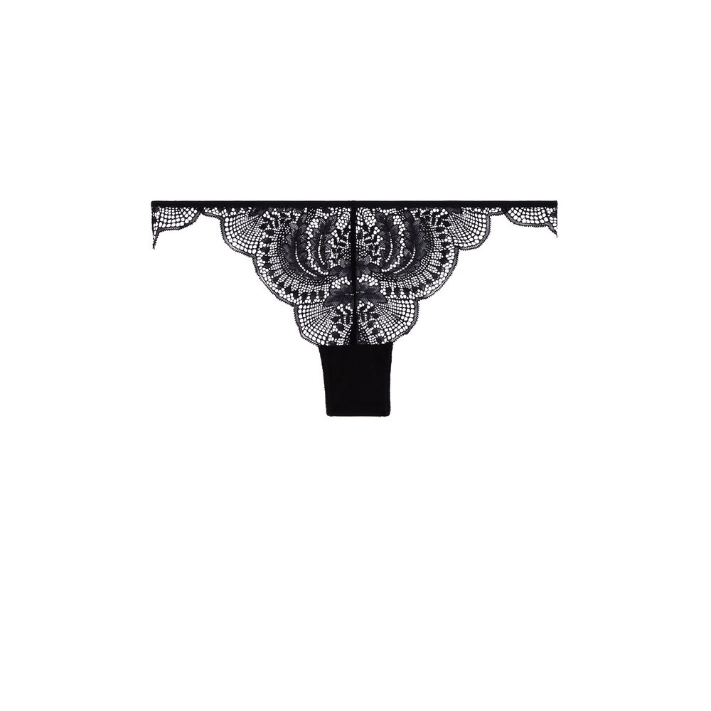 Tanga en dentelle et liens satinés - noir noir.