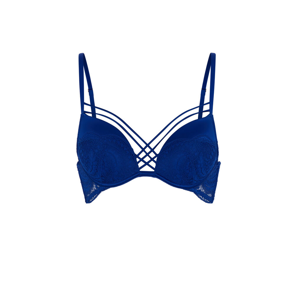 Soutien-gorge push up en dentelle et liens satinés - bleu roi bleu.