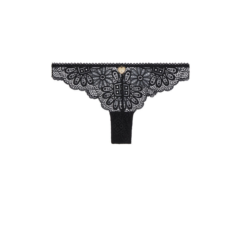 Tanga en dentelle détail bijou - noir Tanga en dentelle détail bijou - noir;