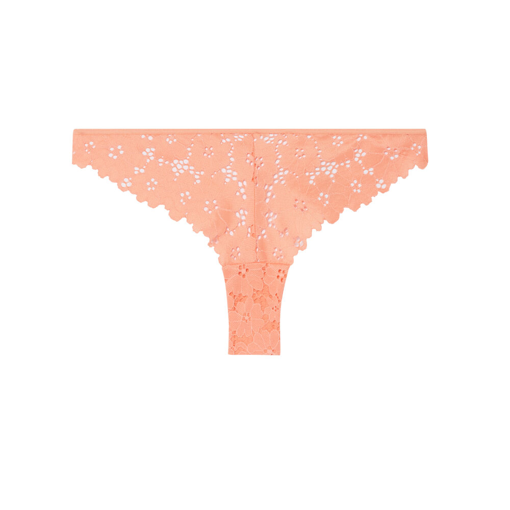 Tanga tout dentelle ajourée - pêche rose.