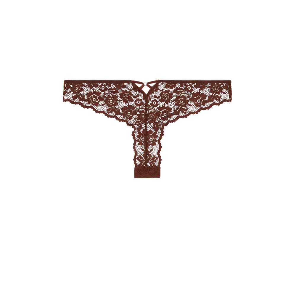 Tanga en dentelle fleurie - marron marron.