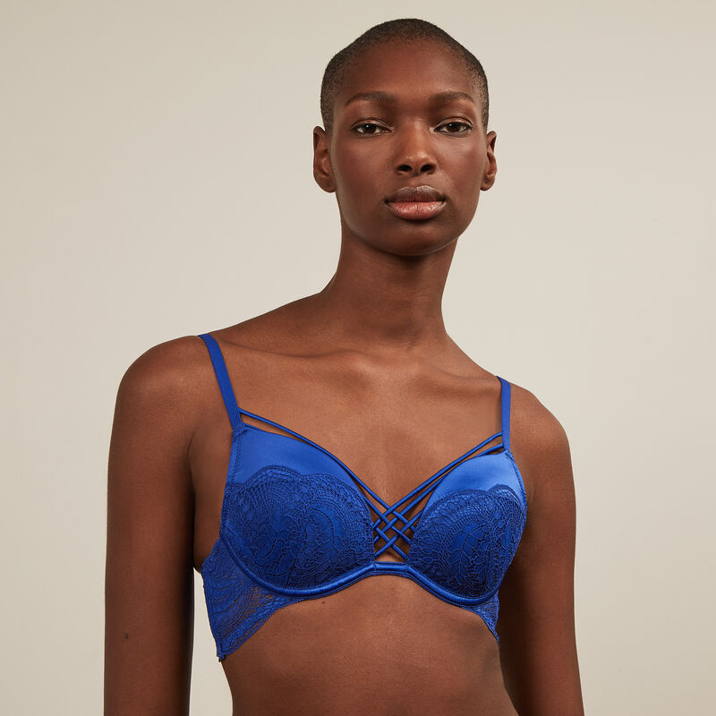 Soutien-gorge push up en dentelle et liens satinés - bleu roi Soutien-gorge push up en dentelle et liens satinés - bleu roi;