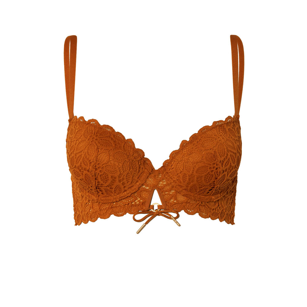 Soutien-gorge ampli en dentelle fleurie détail noeud - marron marron.