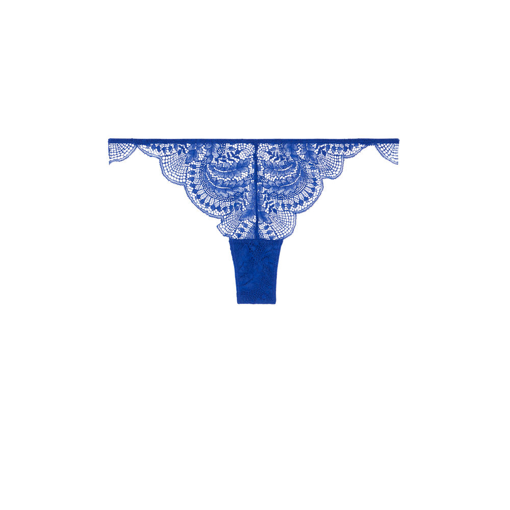 Tanga en dentelle et liens satinés - bleu roi bleu.