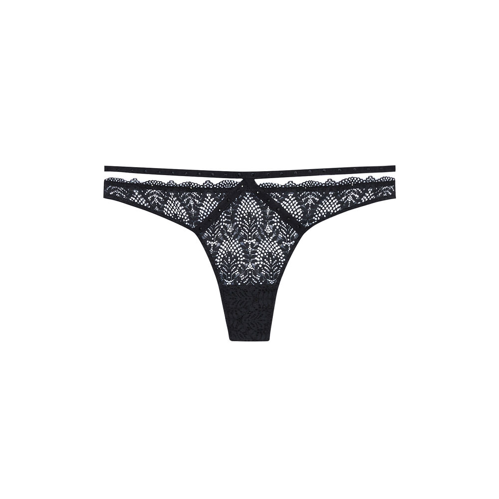 Tanga en dentelle et liens - noir noir.