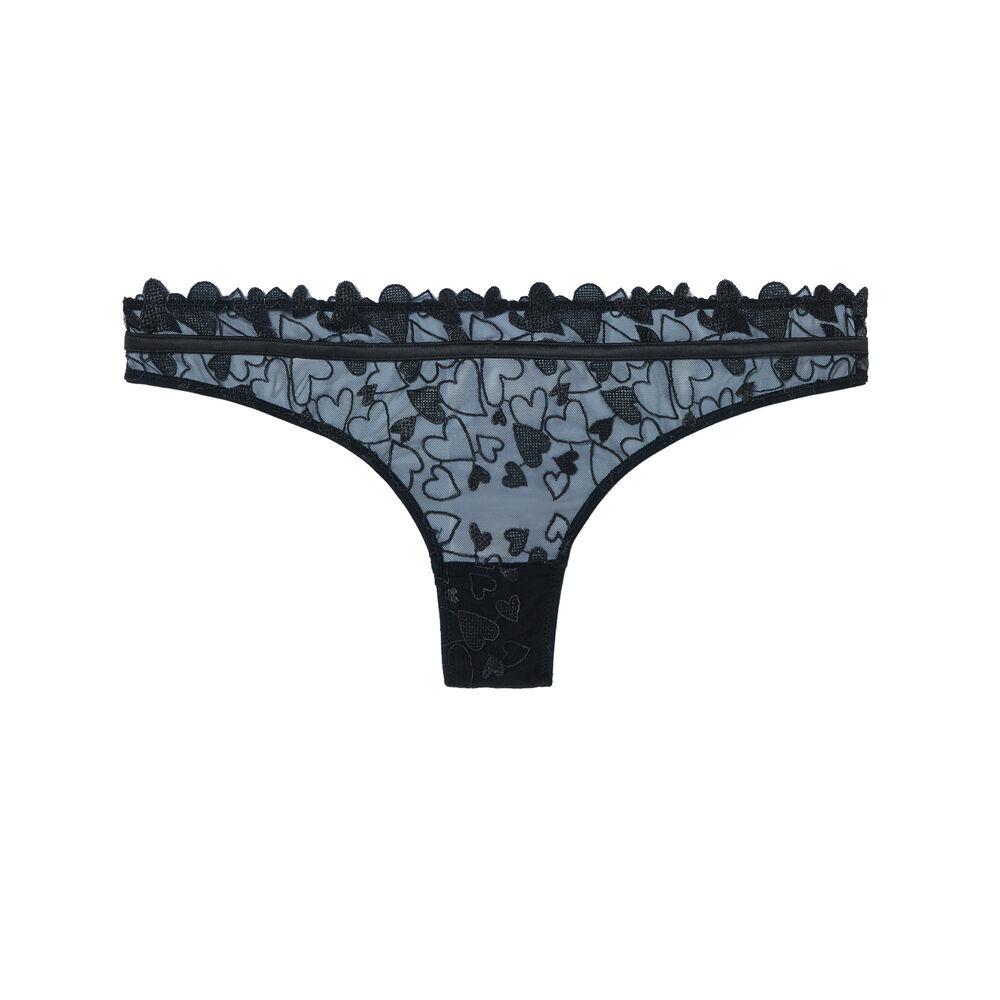 Tanga à dentelle coeur et liens - noir noir.