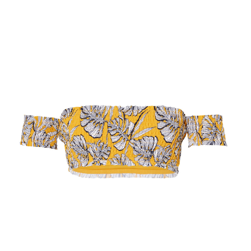Haut de maillot brassière à manches et motifs palmier - jaune jaune.