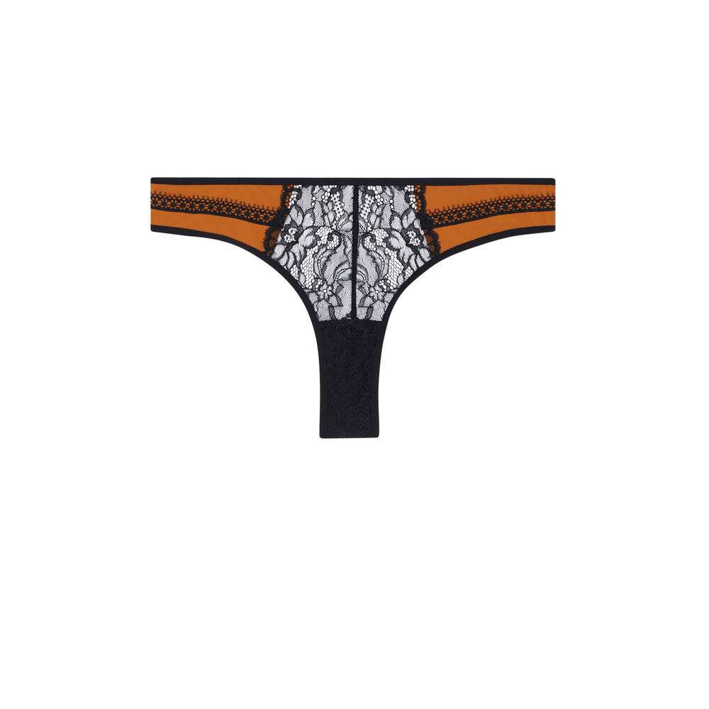 Tanga en micro et dentelle - noir et beige marron.