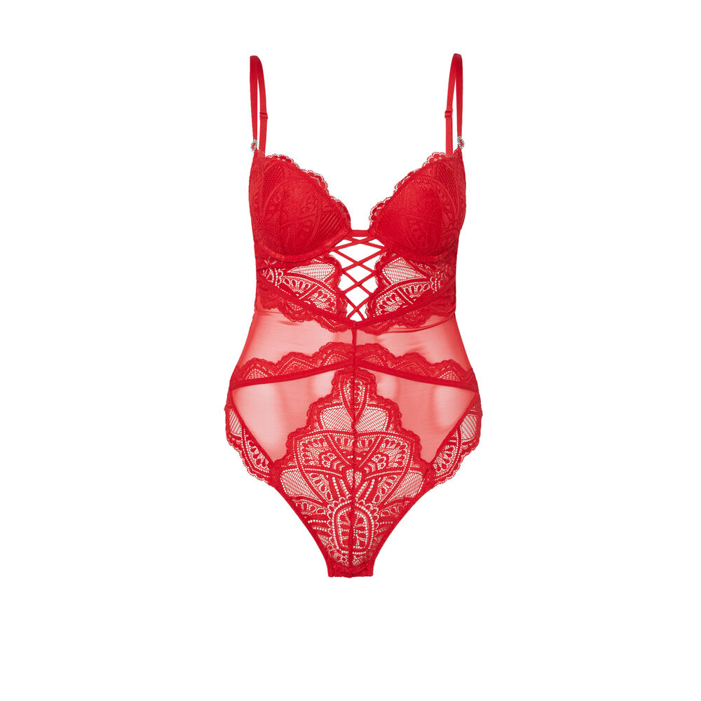Body push-up en résille et dentelle - rouge rouge.