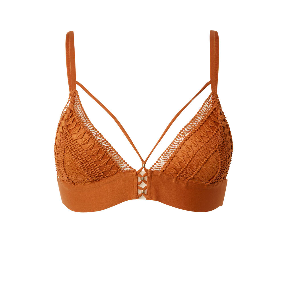 Soutien-gorge triangle détails liens et perles dorées - camel marron.