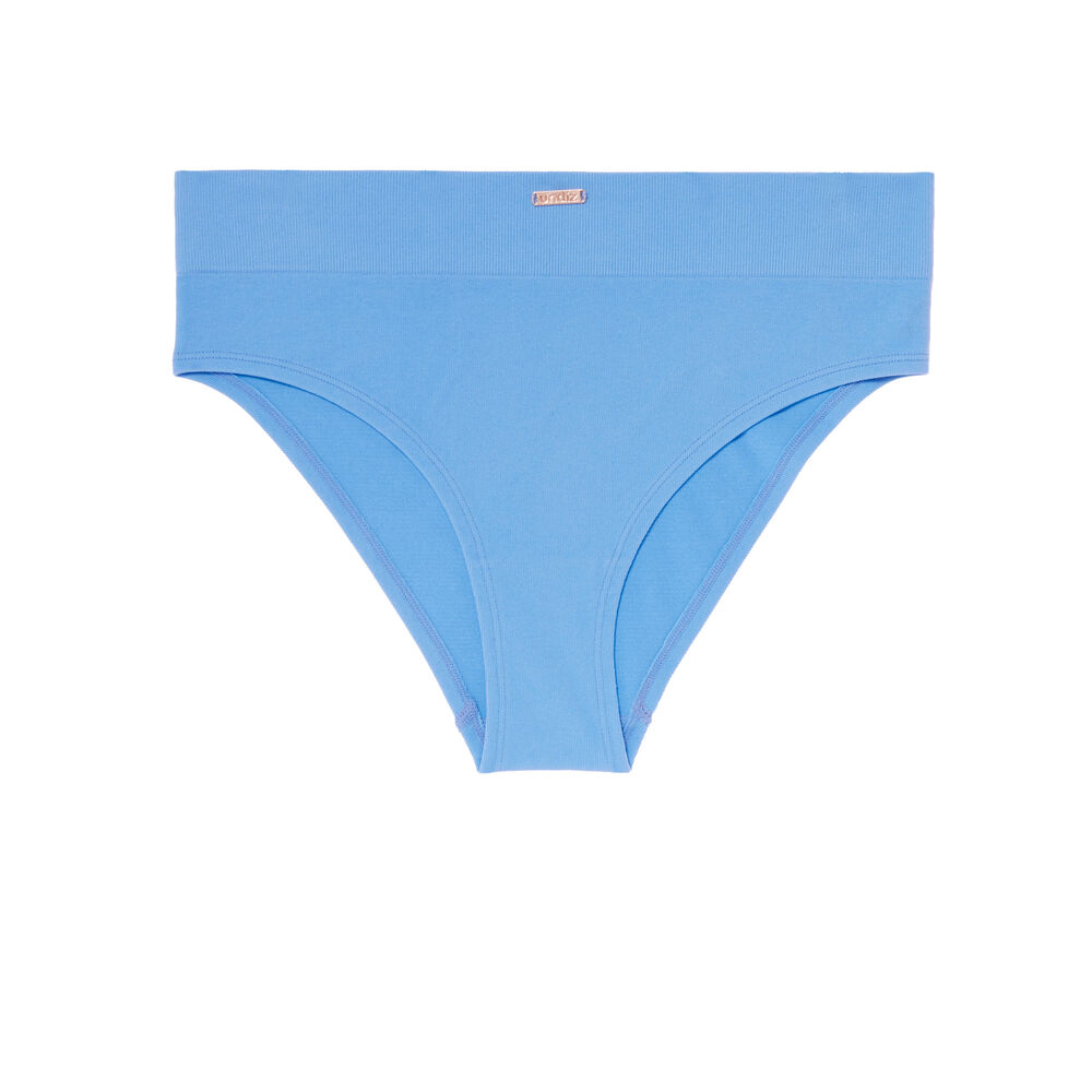 Culotte taille haute cotelée détail plaque - baby blue bleu.