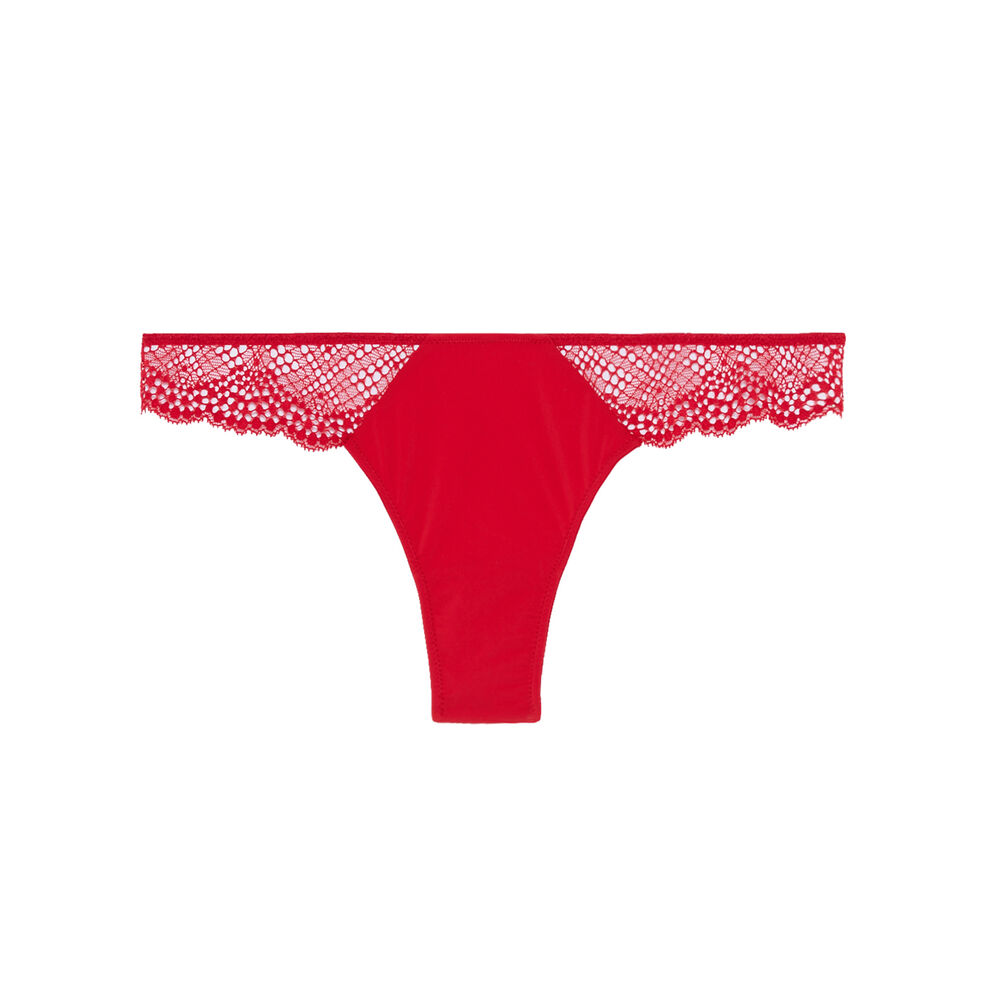 Tanga en dentelle ajourée- rouge rouge.