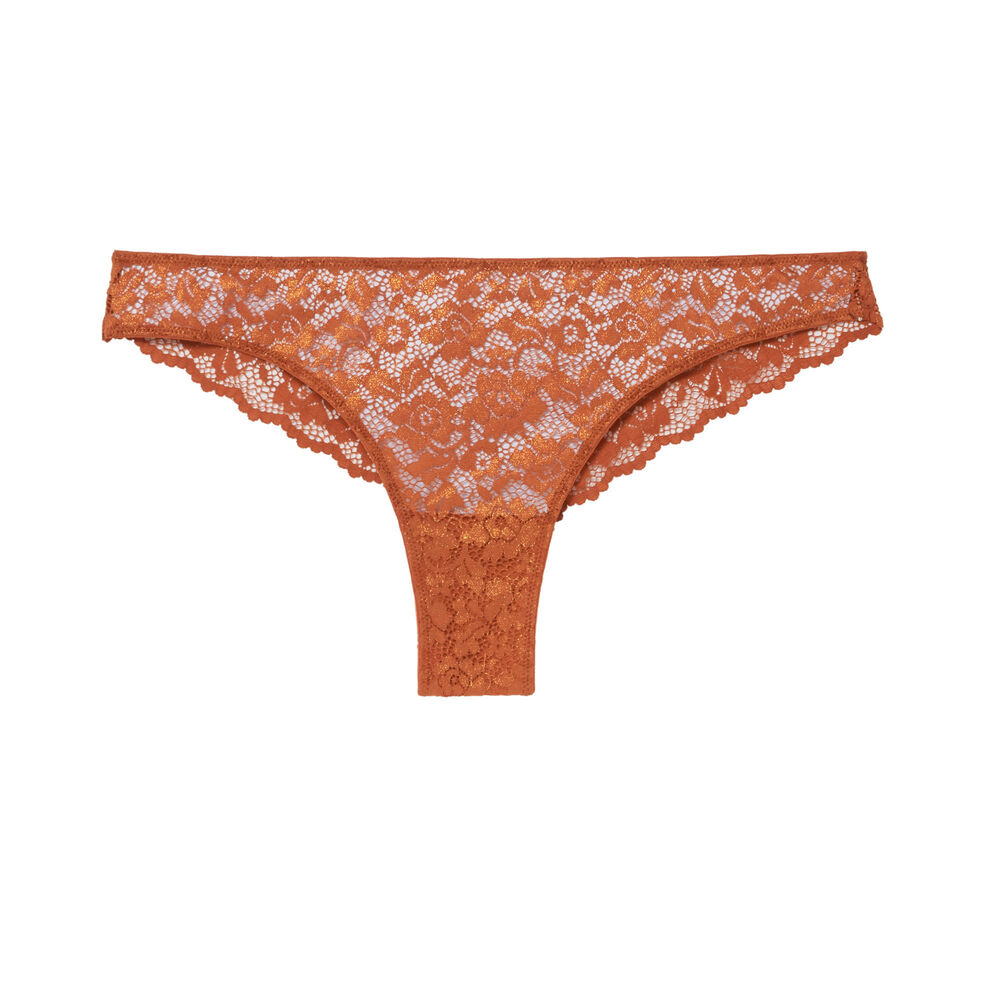 Tanga en dentelle fleurie - camel irisé marron.